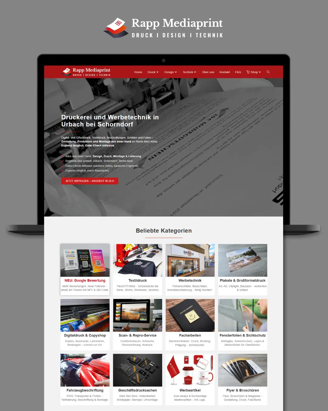dencraft Webdesign für Rapp Mediaprint – moderne Website der Druckerei und Werbetechnik in Schorndorf mit klarer Struktur und SEO-optimierter Darstellung.