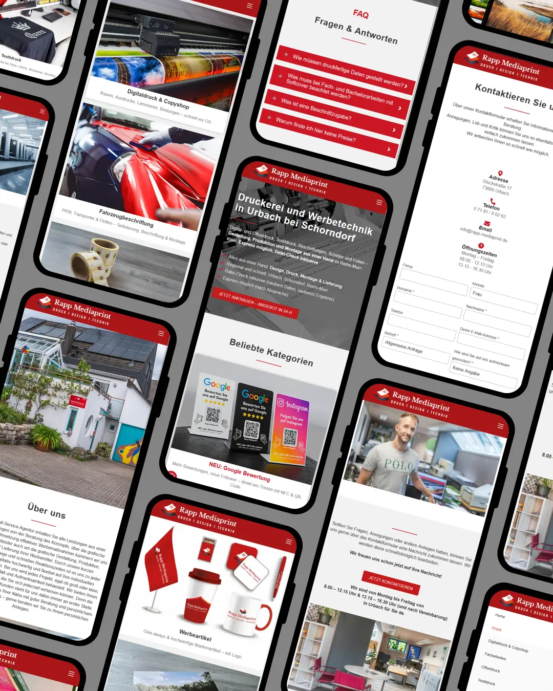 dencraft Webdesign – mobile optimierte Website für Rapp Mediaprint Druckerei und Werbetechnik mit Kategorien, FAQ und Kontaktformular.