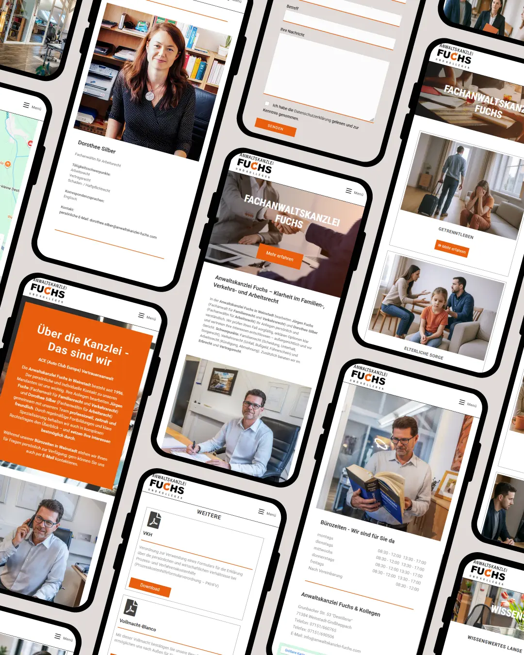 Responsive Website der Anwaltskanzlei Fuchs in Weinstadt auf Smartphones – Leistungen, Kontakt, Downloads; modernes Kanzlei-Webdesign von dencraft.