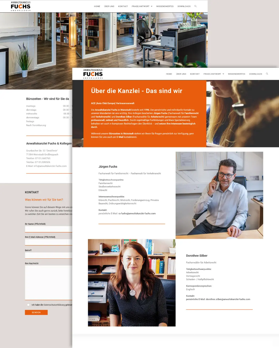 Über-uns-Seite der Anwaltskanzlei Fuchs, Weinstadt – Jürgen Fuchs (Familien-/Verkehrsrecht) & Dorothee Silber (Arbeitsrecht); persönliche Beratung.