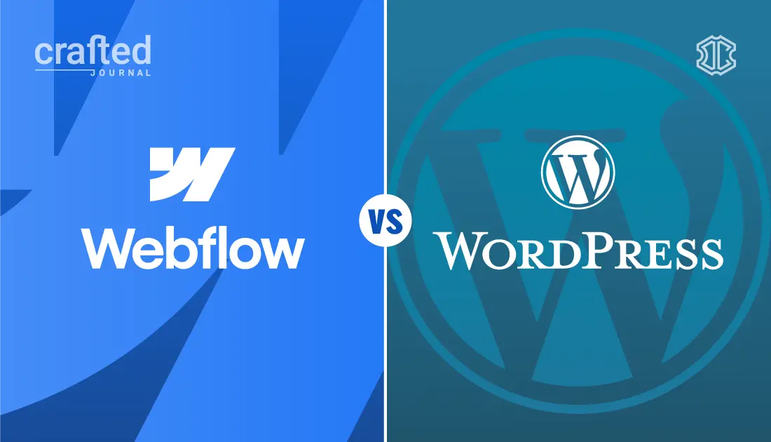 Thumbnail zum Artikel „Webflow vs. WordPress“ im crafted journal – links Webflow-Logo, rechts WordPress-Logo, Vergleich von dencraft werbeagentur.