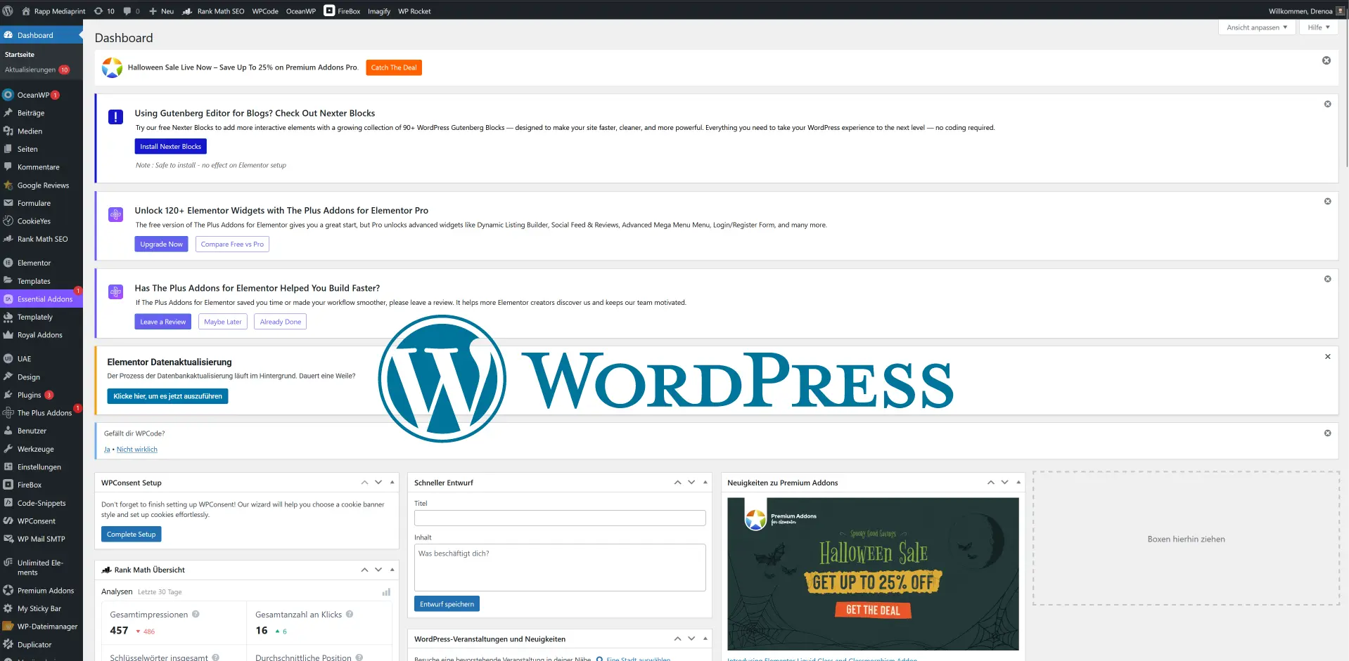 WordPress Dashboard mit Elementor und Plugins – klassische CMS-Oberfläche für flexible Website-Verwaltung