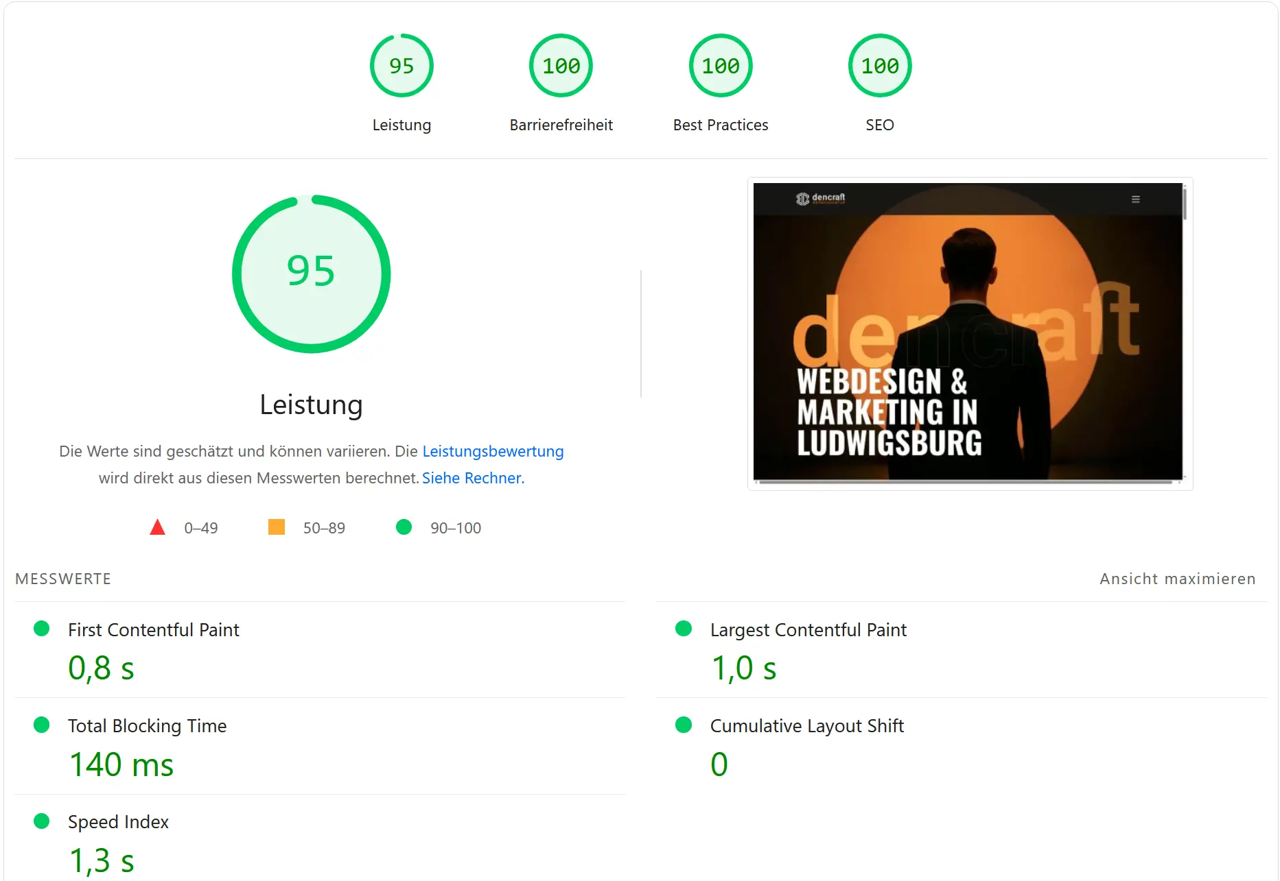 Webflow Performance-Test mit 95 Punkten Leistung, 100 Punkten SEO und Barrierefreiheit – dencraft Webdesign Ludwigsburg