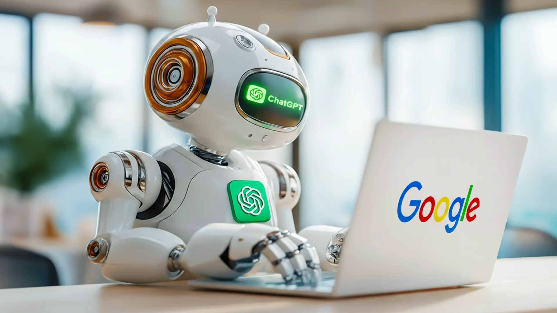 ChatGPT vs. Google: KI-Assistent am Laptop mit Google-Logo – Symbolbild für SEO, AI Overviews und die Zukunft der Websuche.