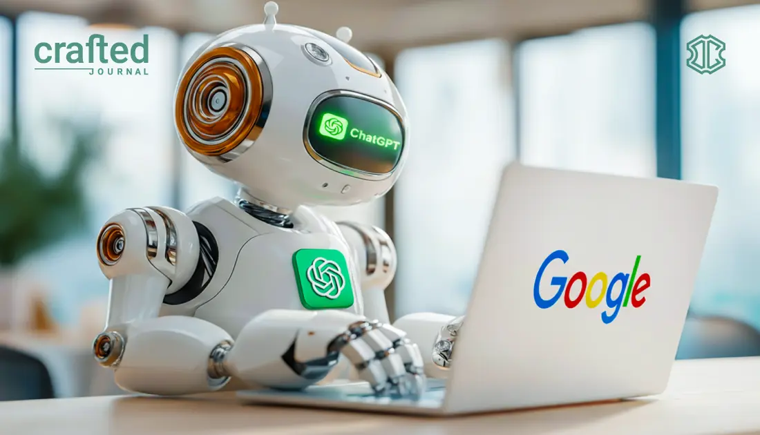KI-Roboter mit ChatGPT-Logo arbeitet an Laptop mit Google-Logo – ChatGPT vs. Google, SEO und Zukunft der Websuche