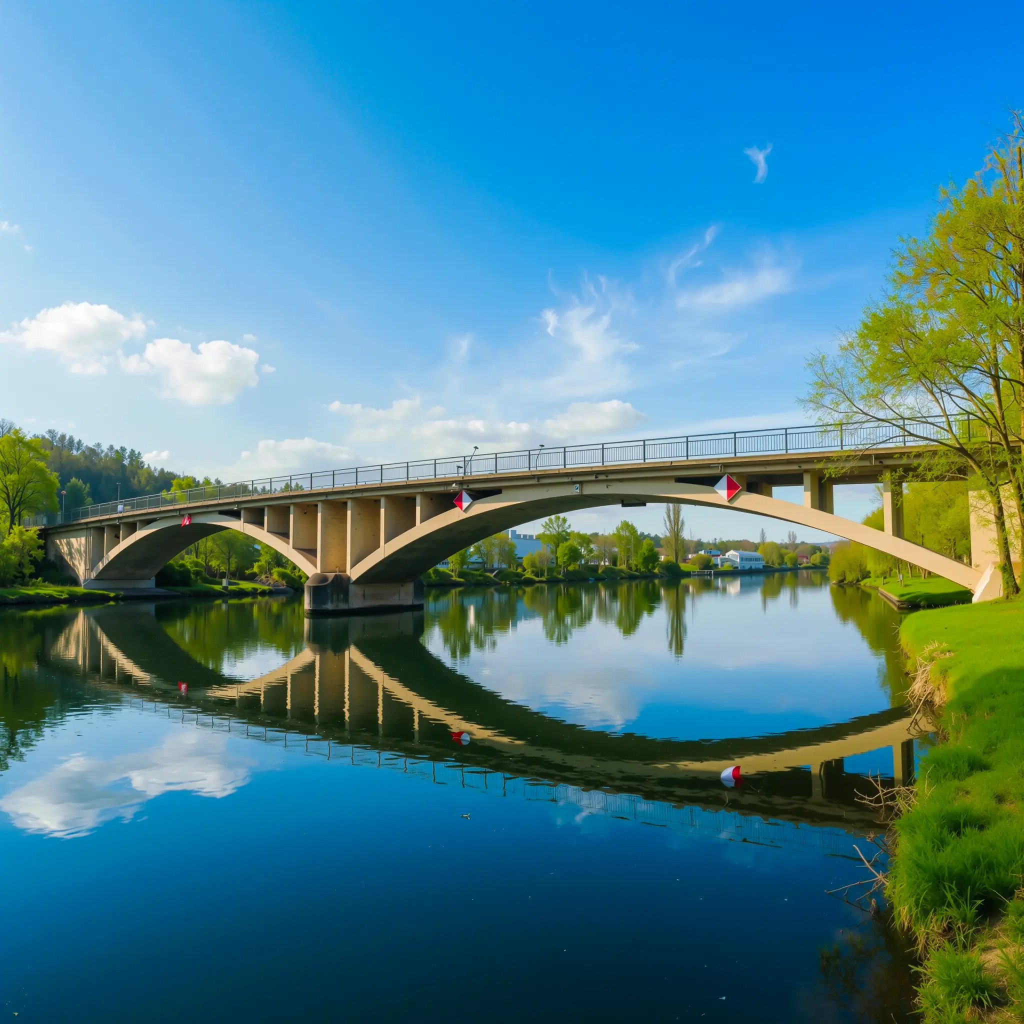 Neckarbrücke in Remseck am Neckar spiegelt sich im Wasser; blauer Himmel und grünes Ufer – Symbolbild für schnelle, klar geführte Webflow-Websites von dencraft für Remseck und Umgebung.