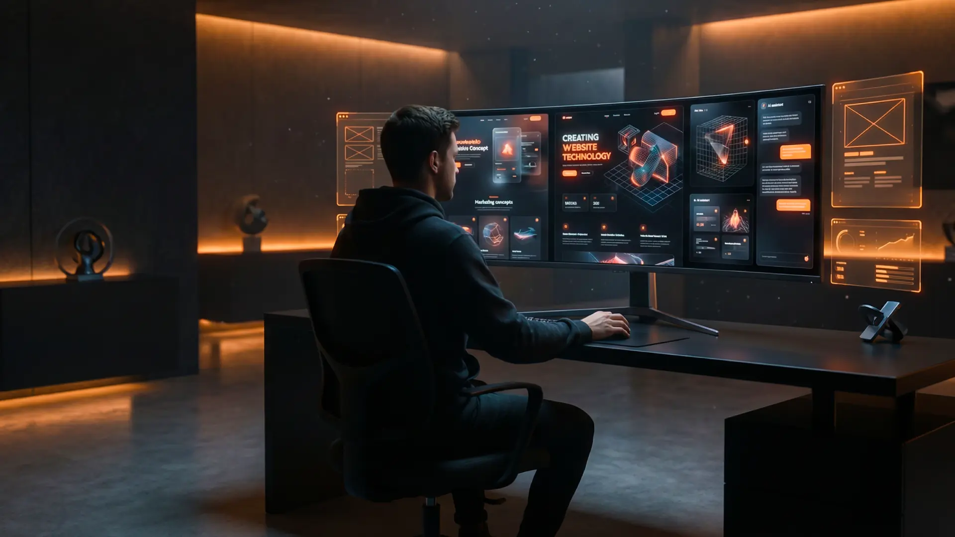 Darkes, ultra-modernes Webdesign-Studio mit einemeiner Designerin vor einem großen Ultra-Wide-Monitor, futuristische dark-mode Layouts, holografische Interface-Elemente und orangefarbene Highlights – Titelbild zu Webdesign Trends 2026.