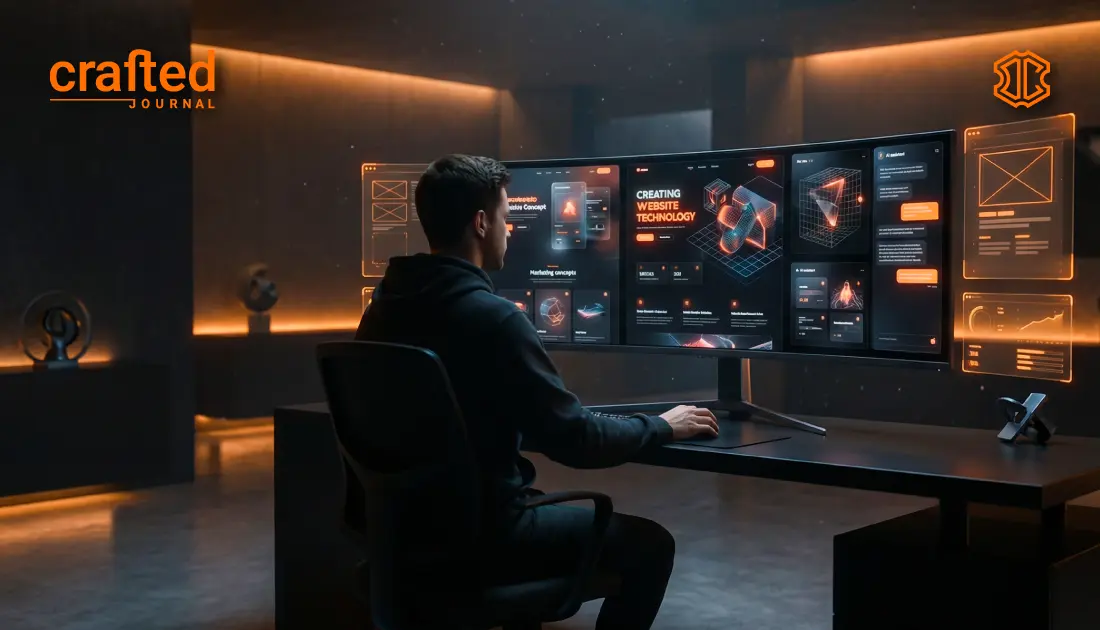 Futuristische Webdesign-Szene im dunklen Studio mit neon-orangenen Akzenten, holografischen UI-Elementen und moderner KI-gestützter Interface-Darstellung – Thumbnail für Webdesign Trends 2026