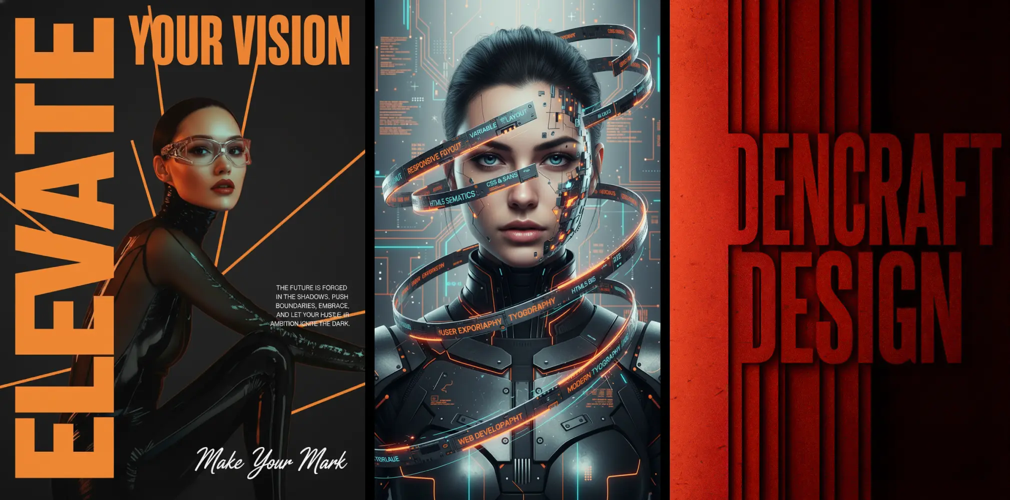 Drei moderne, kontrastreiche Visuals im futuristischen Webdesign-Stil: kräftige Orange-Schwarz-Farben, organische Formen, technoide Elemente und experimentelle Typografie – Beispielbild für mutige visuelle Ästhetik und Trendfarben im Webdesign 2026.