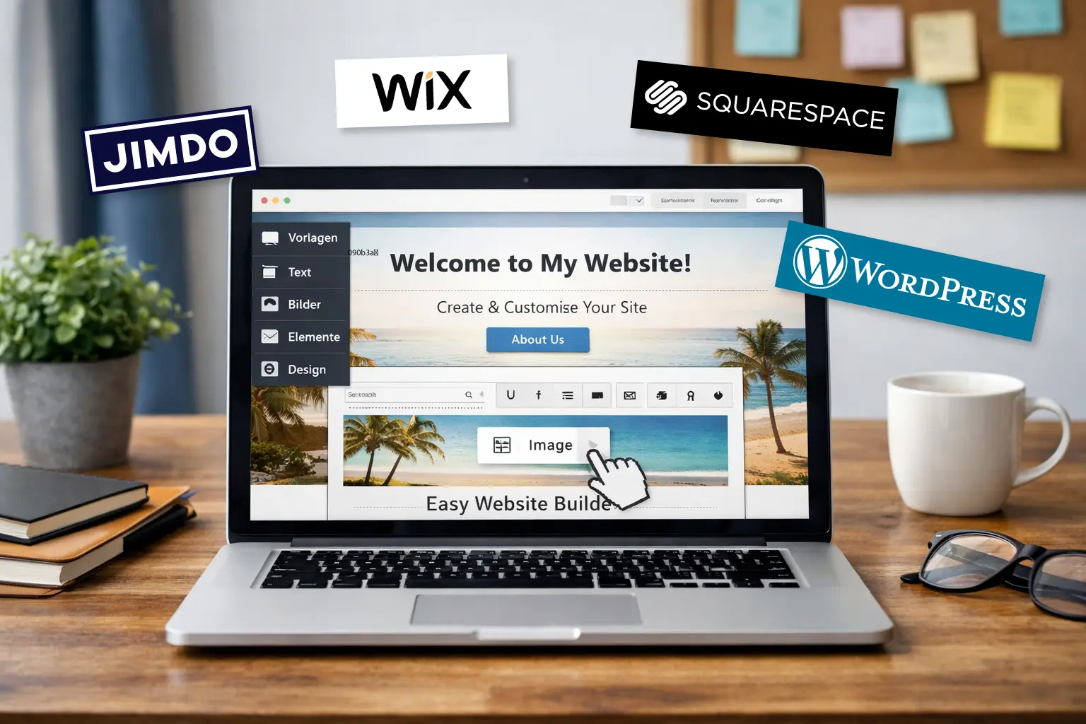 Website-Baukasten im Einsatz: Laptop mit Drag-and-Drop-Editor und Logos von Wix, Jimdo, Squarespace und WordPress – typische Tools für DIY-Websites ohne Programmierkenntnisse.