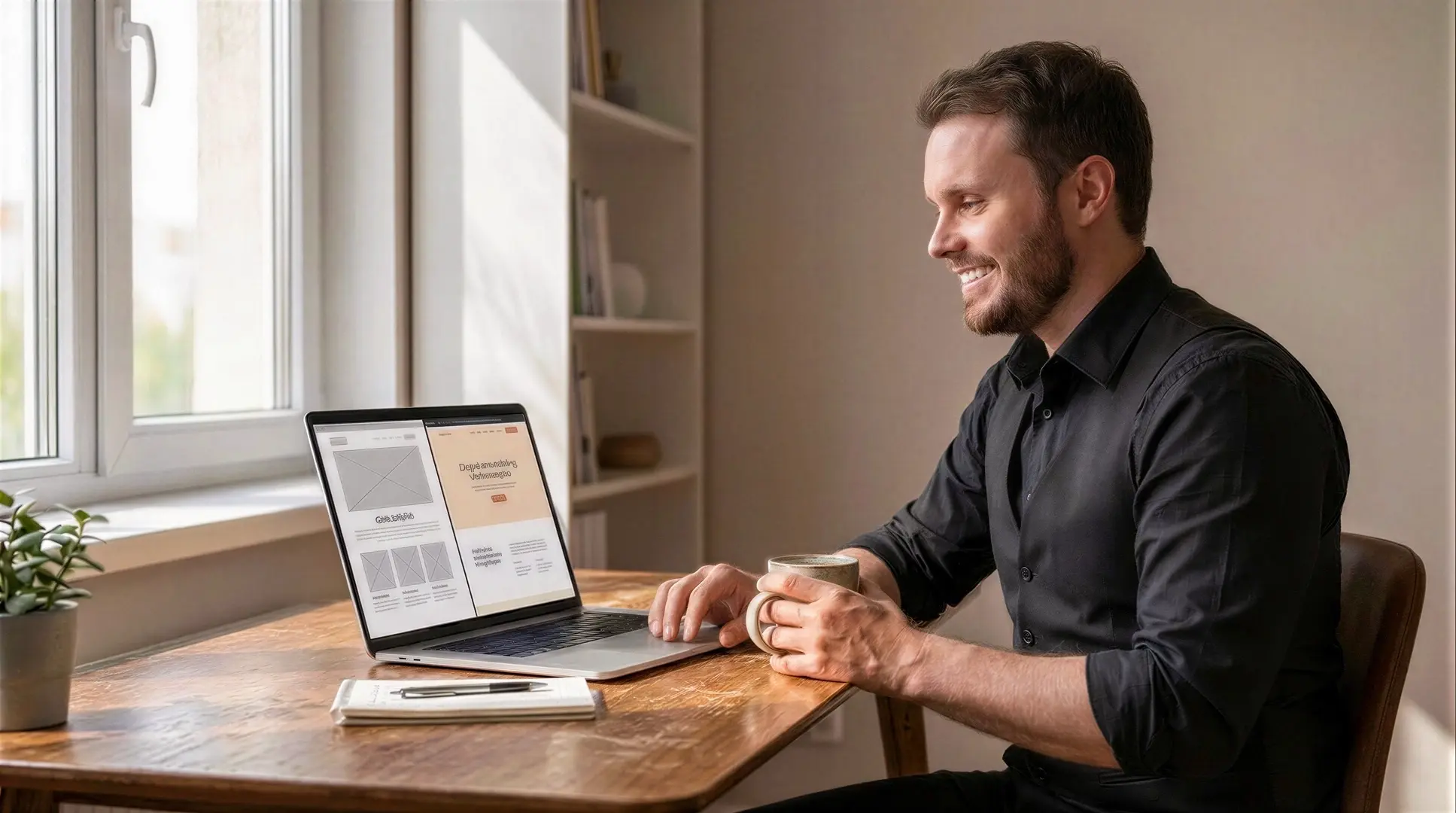 Gründer sitzt nachdenklich am Schreibtisch und vergleicht auf dem Laptop eine selbst erstellte Website mit einer professionell gestalteten Lösung – Entscheidung zwischen DIY-Website und Webdesign-Agentur.