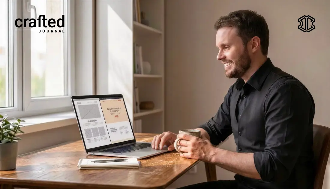 Gründer sitzt nachdenklich am Schreibtisch und vergleicht auf dem Laptop eine selbst erstellte Website mit einer professionell gestalteten Lösung – Entscheidung zwischen DIY-Website und Webdesign-Agentur.