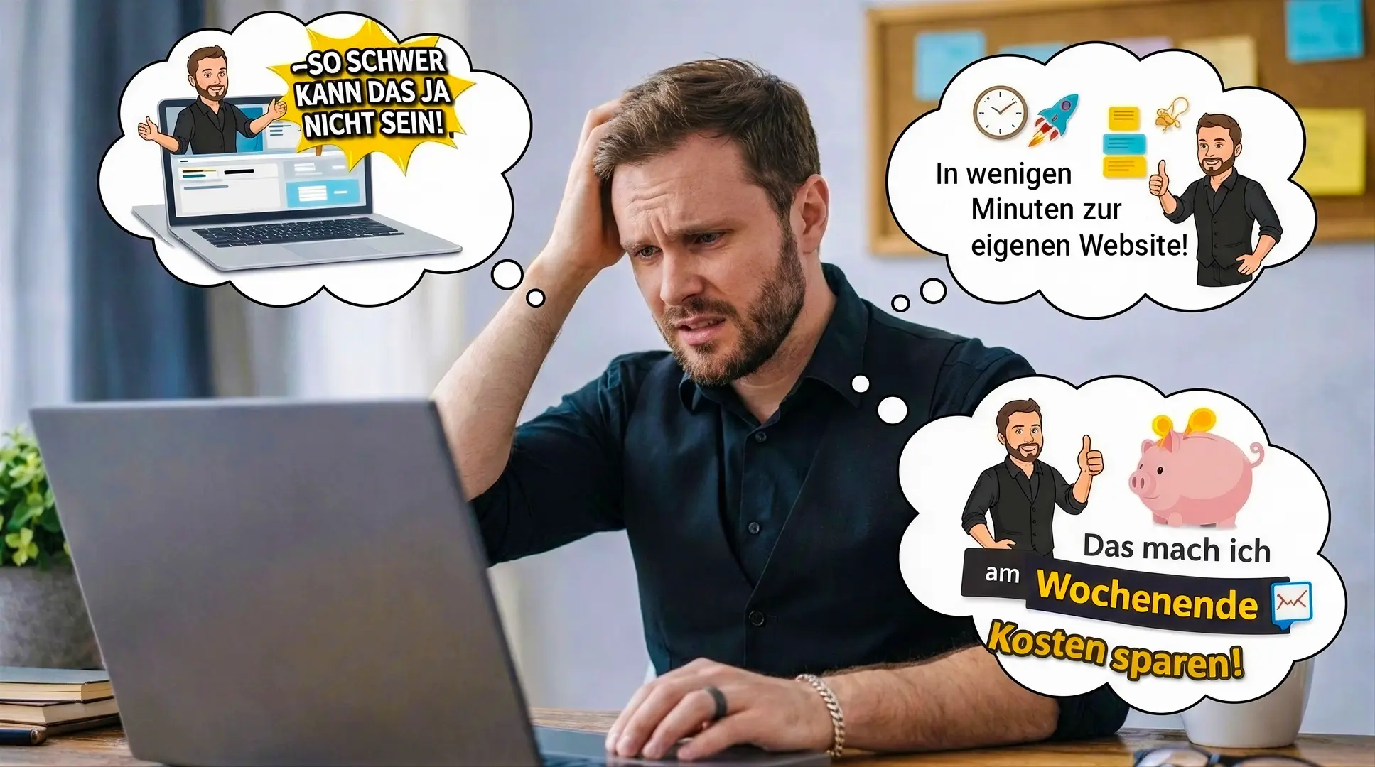 Selbstständiger sitzt nachdenklich vor dem Laptop und zweifelt an der DIY-Website-Erstellung, während Gedanken wie Zeit sparen, Kosten sparen und „Das schaffe ich selbst“ im Kopf kreisen.