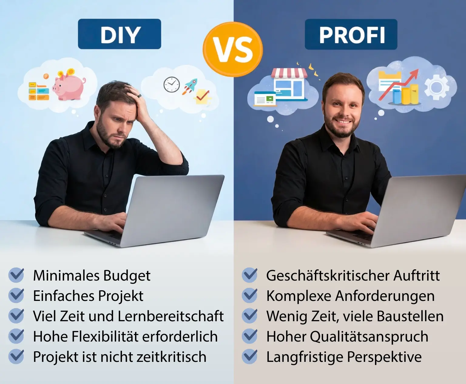 Gegenüberstellung von DIY-Website und professioneller Agenturarbeit: links überforderter Selbstständiger beim Selbermachen, rechts professioneller Auftritt mit klarer Strategie, Qualität und langfristiger Perspektive.