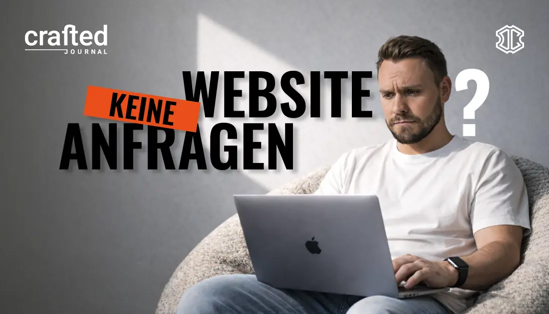 Titelgrafik zum crafted journal Beitrag ‚Website keine Anfragen‘: nachdenklicher Mann am Laptop, groß gesetzter Text und Fragezeichen.