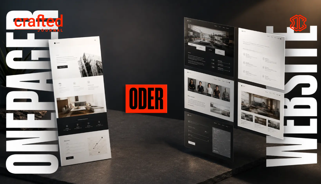 Moderner Vergleich zwischen Onepager und Website mit einer einzelnen Landingpage links und mehreren Unterseiten rechts in edler, dunkler Studio-Optik