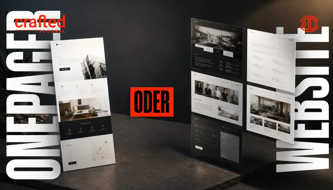 Moderner Vergleich zwischen Onepager und Website mit einer einzelnen Landingpage links und mehreren Unterseiten rechts in edler, dunkler Studio-Optik