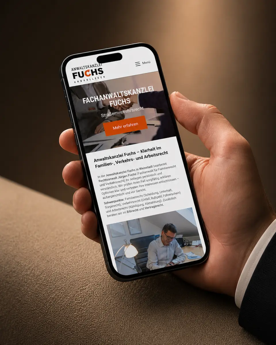 Smartphone mit mobiler Website der Anwaltskanzlei Fuchs in Weinstadt als Webdesign-Projekt von dencraft.