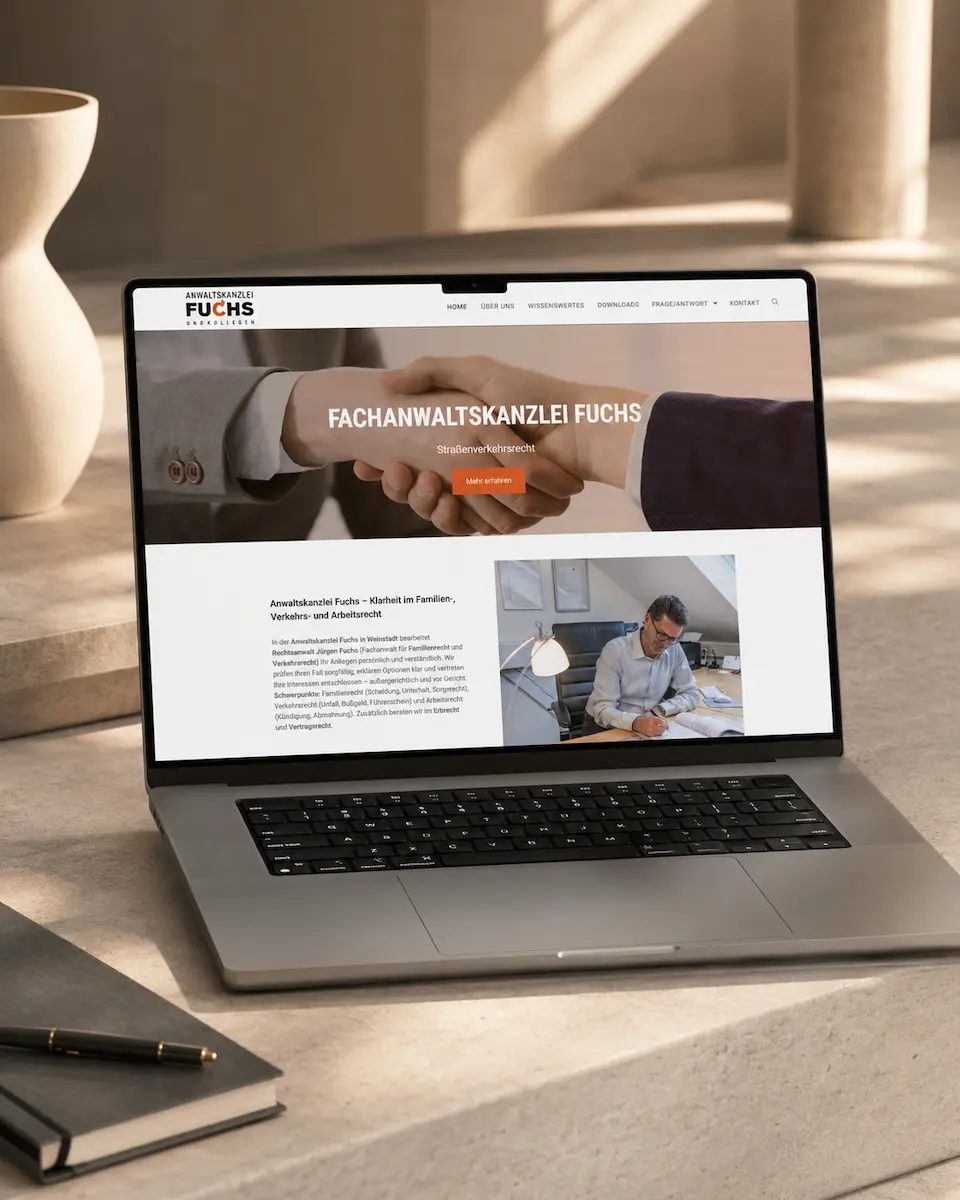 Laptop mit Website der Anwaltskanzlei Fuchs in Weinstadt in einem ruhigen, hochwertigen Kanzlei-Umfeld als Webdesign-Projekt von dencraft.