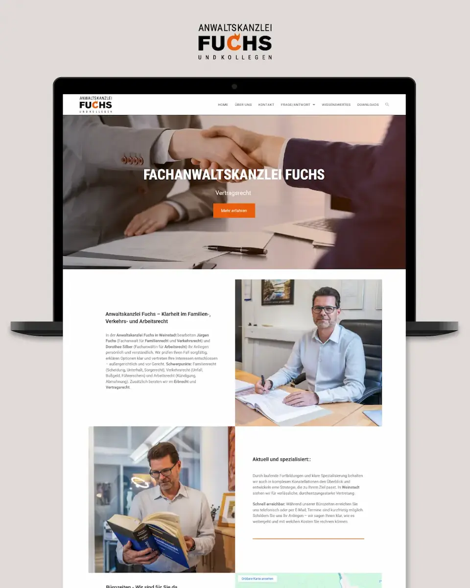 Startseite der Anwaltskanzlei Fuchs in Weinstadt – Webdesign von dencraft; Rechtsanwalt/Fachanwalt Jürgen Fuchs & Fachanwältin Dorothee Silber