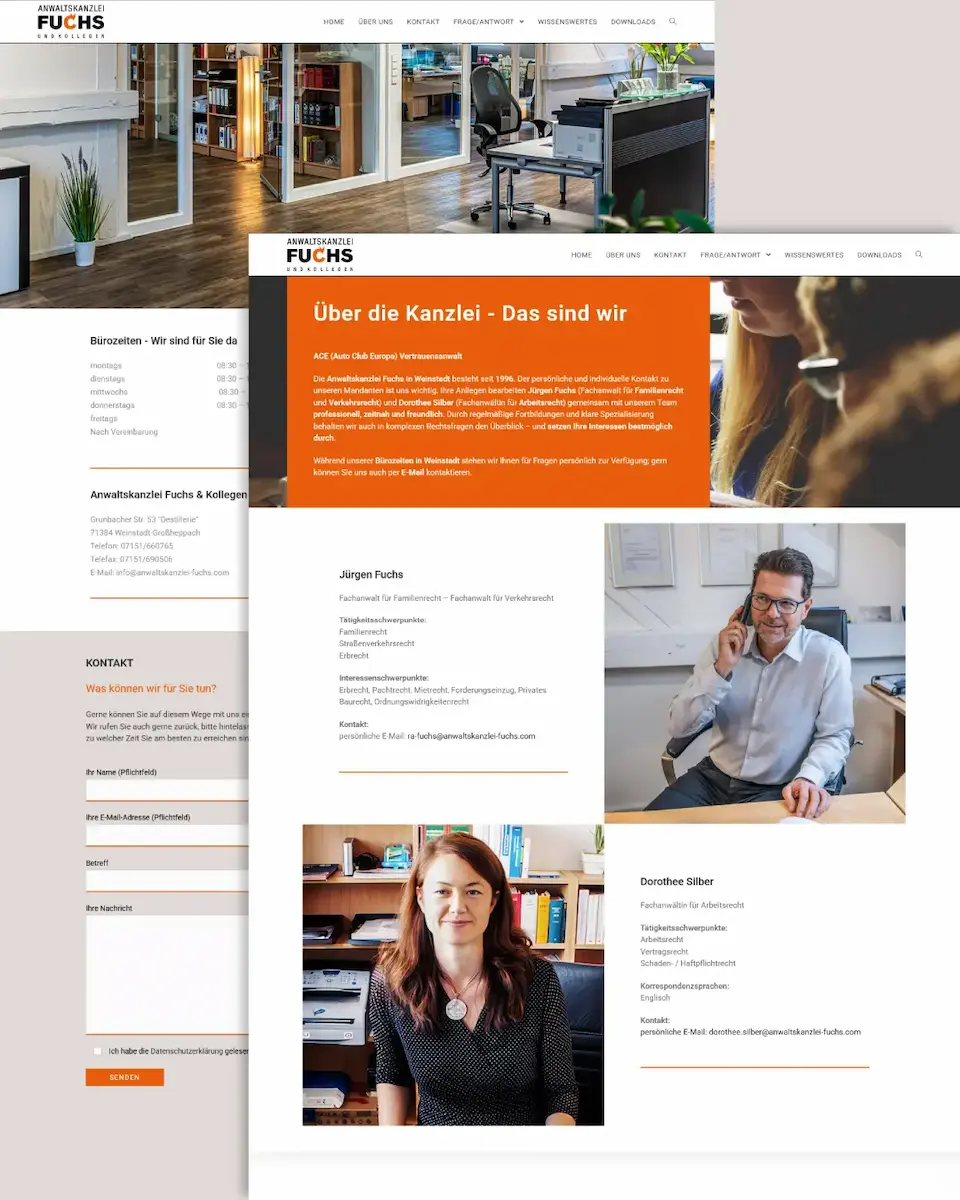 Über-uns-Seite der Anwaltskanzlei Fuchs, Weinstadt – Jürgen Fuchs (Familien-/Verkehrsrecht) & Dorothee Silber (Arbeitsrecht); persönliche Beratung.