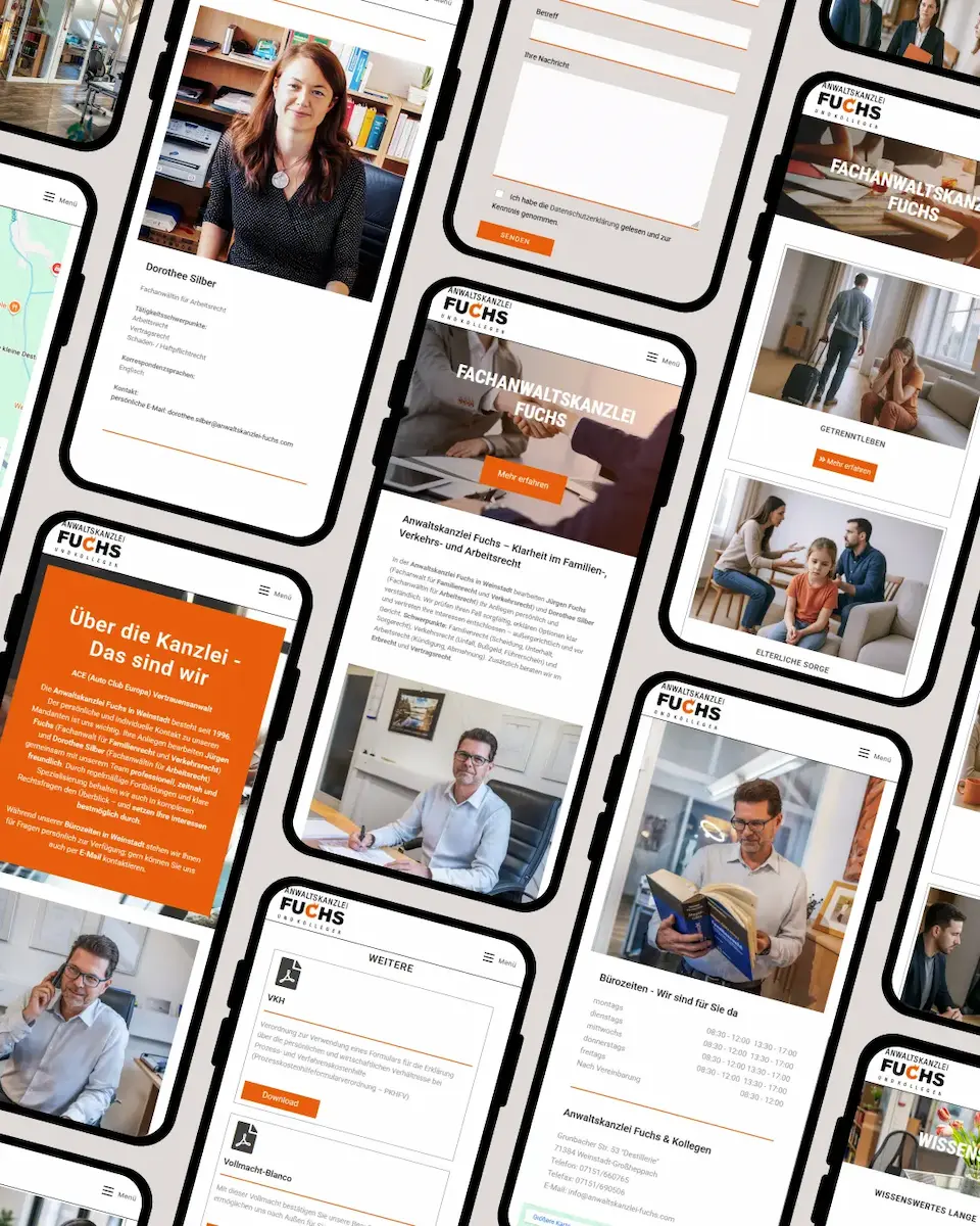 Responsive Website der Anwaltskanzlei Fuchs in Weinstadt auf Smartphones – Leistungen, Kontakt, Downloads; modernes Kanzlei-Webdesign von dencraft.