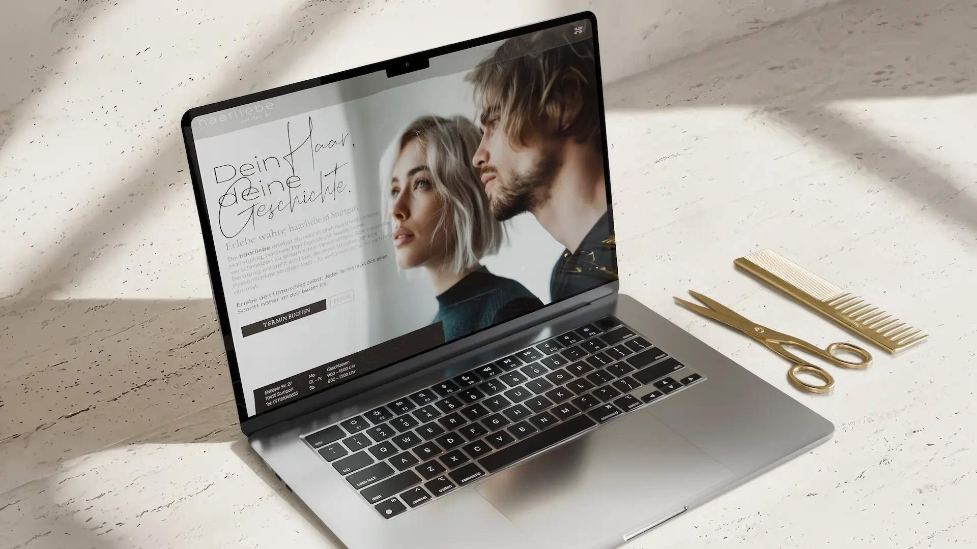 Webdesign- und Webflow-Projekt für Haarliebe, Friseur in Stuttgart-Zuffenhausen, dargestellt als hochwertiges Laptop-Mockup von dencraft