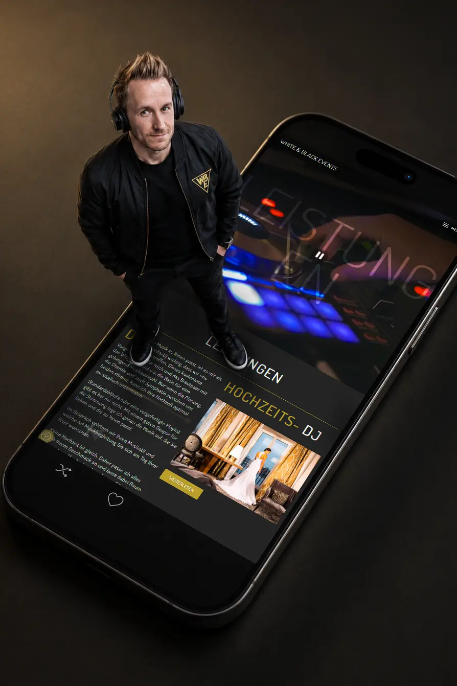 Webdesign-Projekt für White & Black Events aus Winterbach mit DJ auf Smartphone-Musik-App und goldenem Markenlogo, gestaltet von dencraft