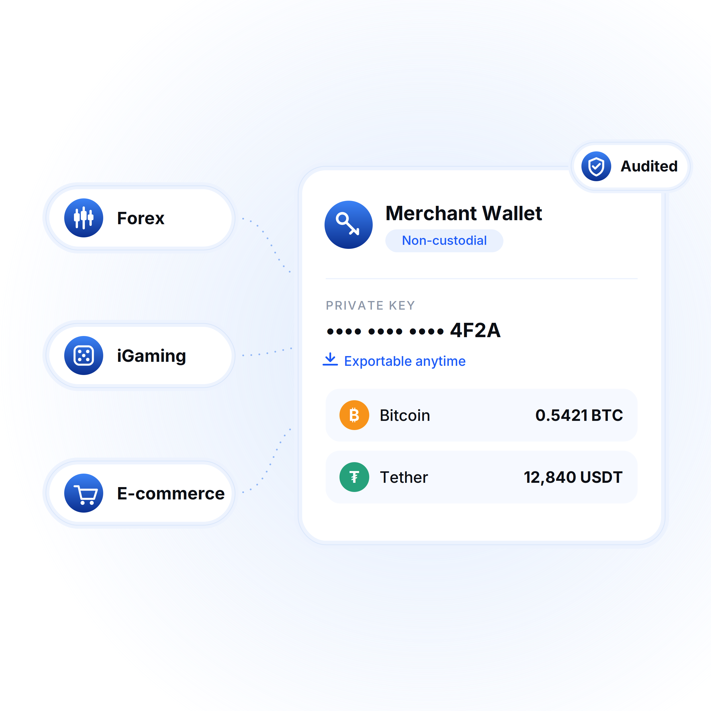 Crypto payments from forex, iGaming, and e-commerce businesses settling into a non-custodial merchant wallet