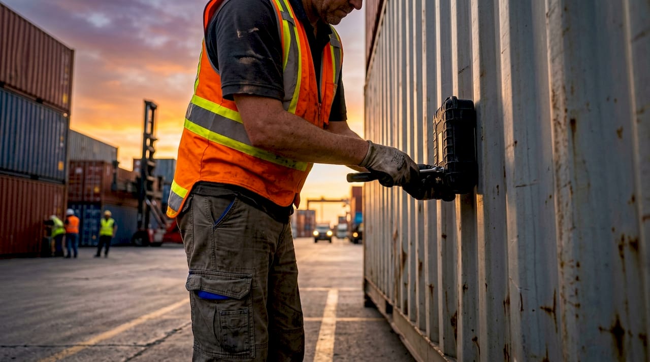 Technician fitting GPS tracker on freight container