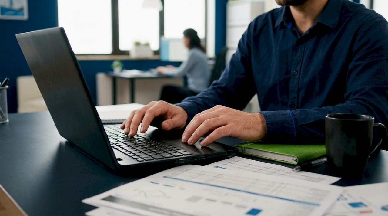 Hands managing freight tech on tablet and papers