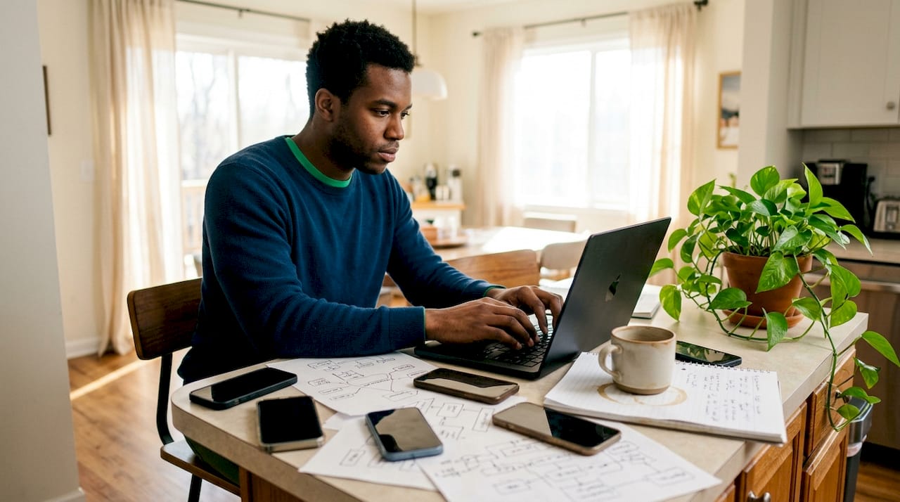 Hands typing on laptop among fragmented tech tools
