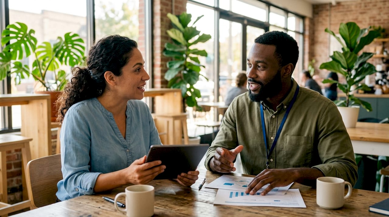 Freight agents comparing ERP system options in meeting