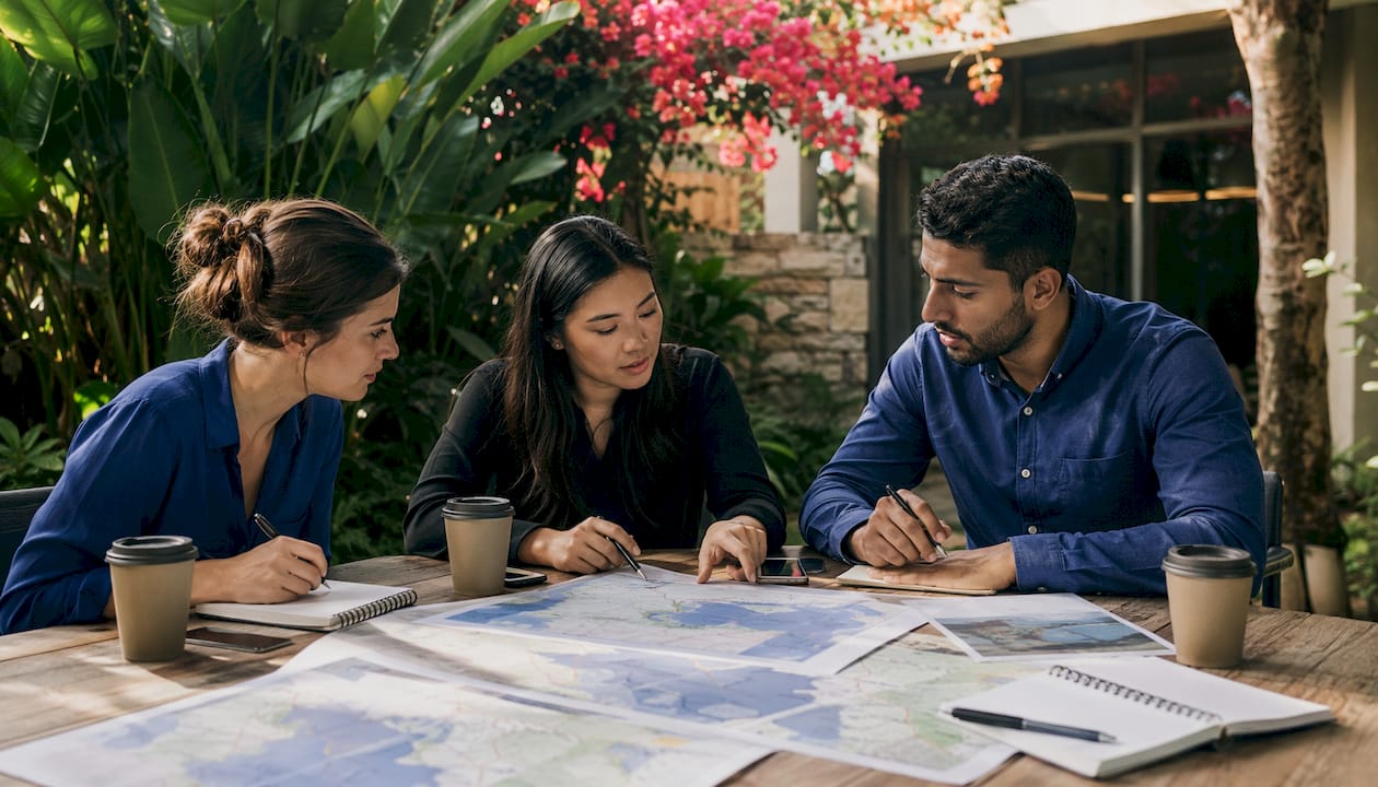 Logistics analysts collaborating over transport routes