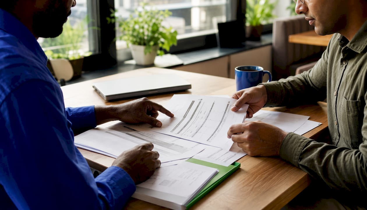 Hands pointing at logistics system diagrams