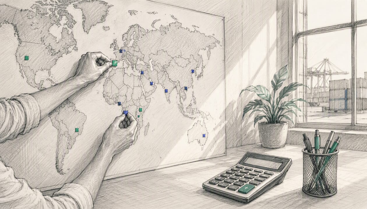 Hands placing country markers on export map
