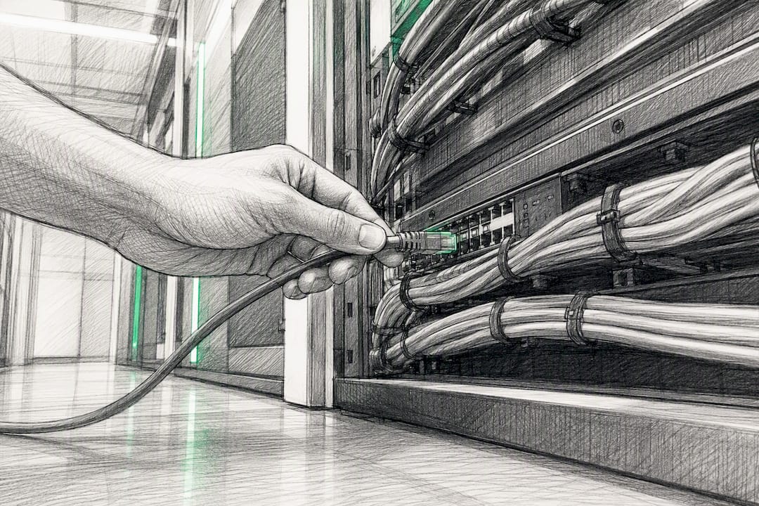 Hand adjusting network cables in server room