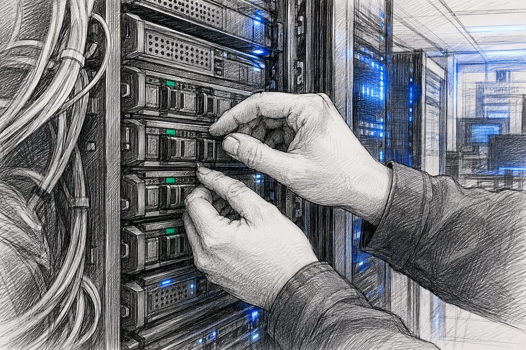 Hands adjusting server rack switches