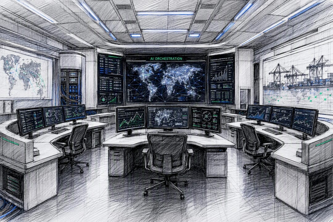 Modern logistics control room suggesting AI orchestration