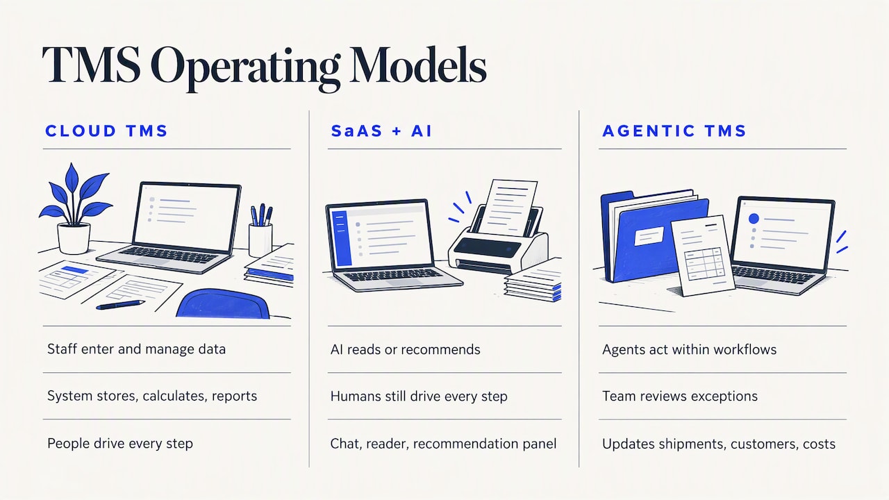 What an agentic TMS is, and how it differs from SaaS with AI features — overview diagram