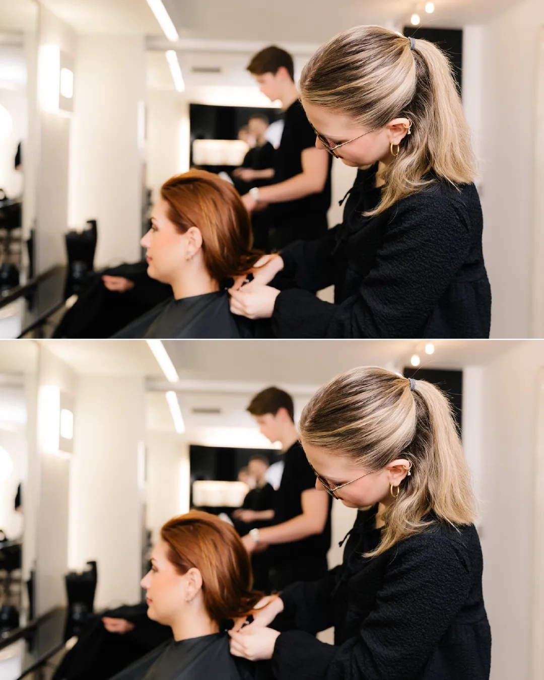 Styling-Alltag im Friseursalon in Lüneburg: Kreative Friseure bei Hairdesign Kaiser beim Schneiden, Färben und Stylen – moderne Looks, lebendige Atmosphäre und professionelle Haarpflege vom Top-Friseurteam.