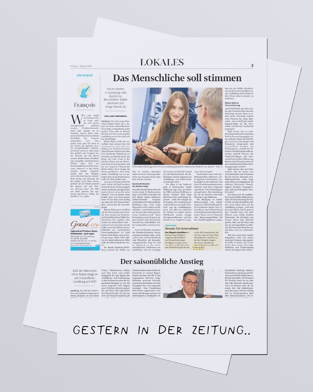 Neuer Zeitungsartikel in der Landeszeitung über den Ausbildungsstart bei Friseur Hairdesign Kaiser in Lüneburg mit den neuen Azubis Olivia, Dina und Philine – herzlich willkommen im kreativen Friseurteam! Professionelle Ausbildung im Salon.
