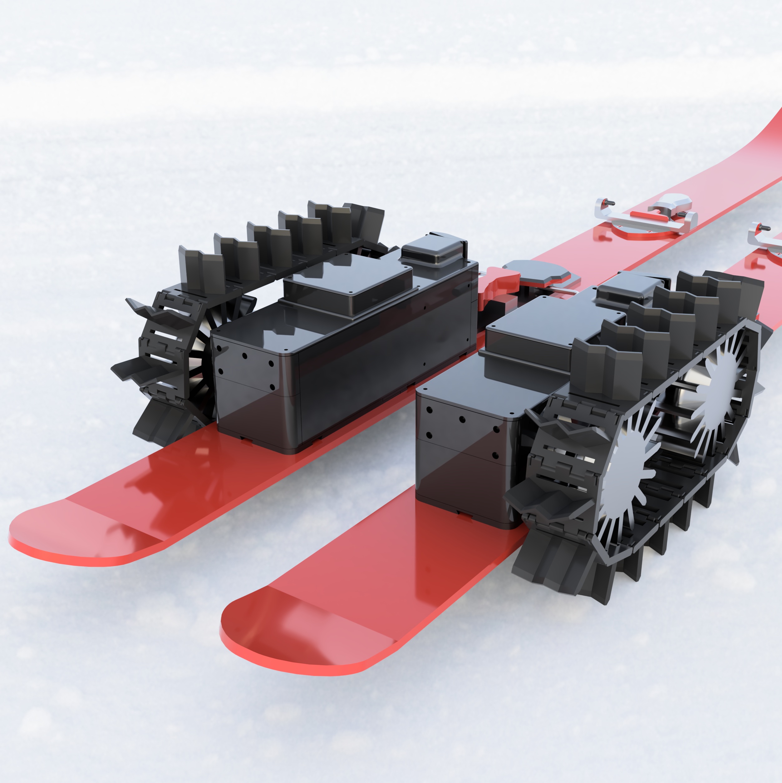 Electric Ski Unit, that attached to a ski with tank tracks - angled view