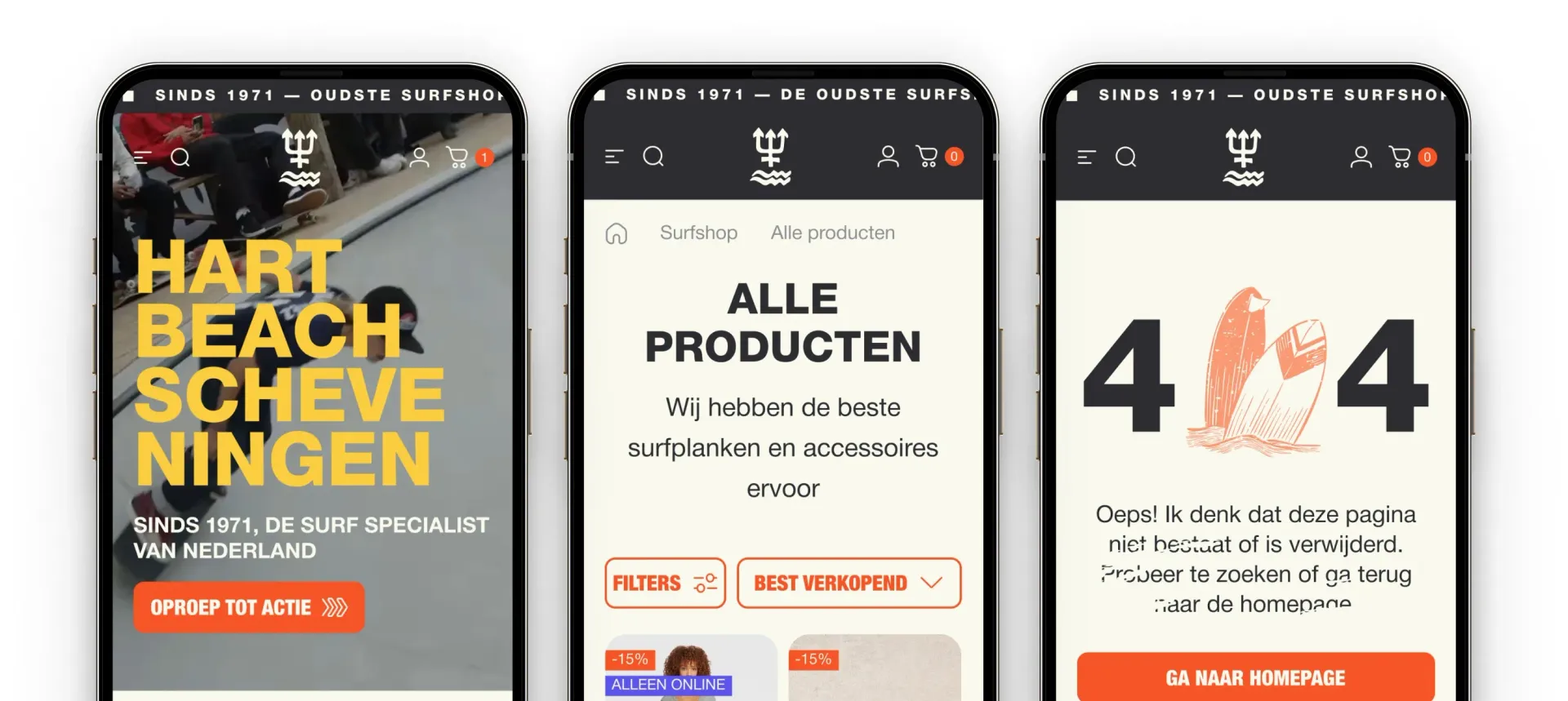 Drie mobiele schermen van de vernieuwde Hart Beach Shopify-webshop.