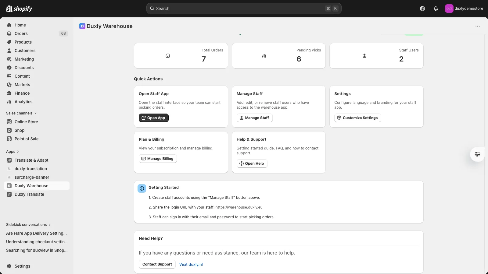 Duxly Warehouse in het Shopify-beheercentrum