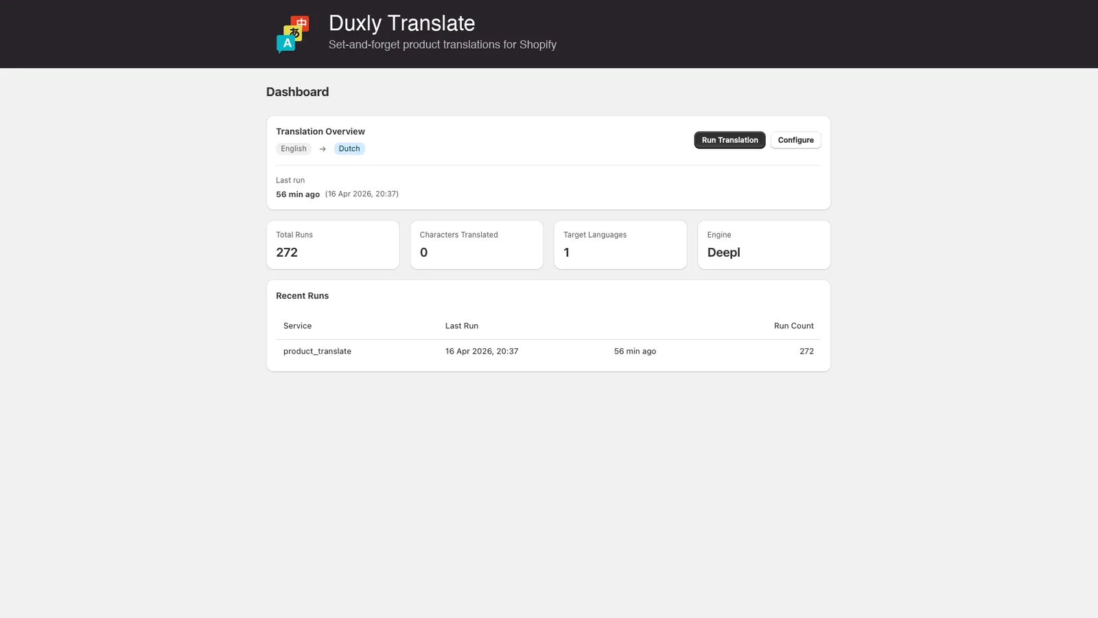 Dashboard van Duxly Translate in Shopify