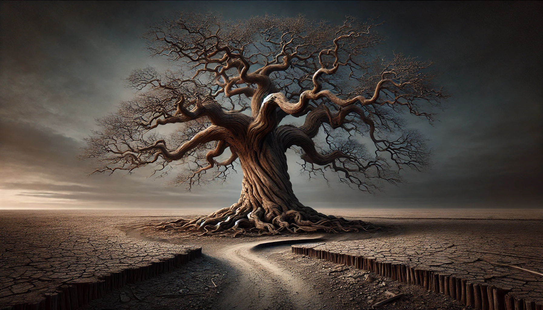 A twisted, barren, knotted tree sits in a deserted plain with cracked earth and a road that ends where the tree begins.