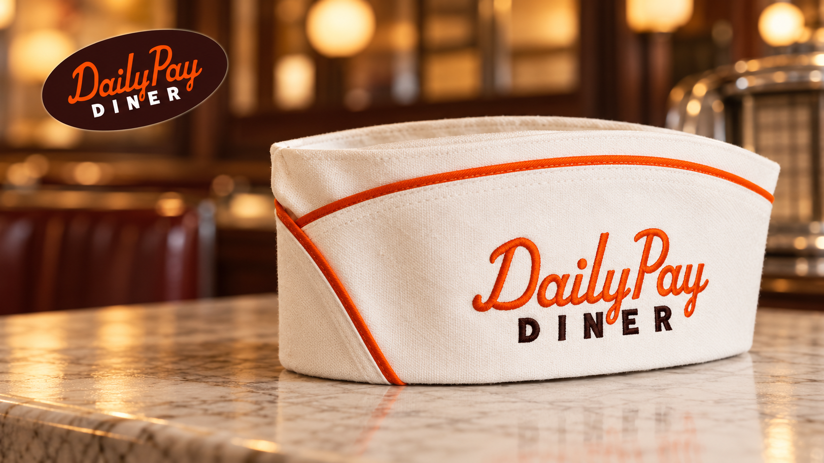 Custom DailyPay Diner soda jerk cap with orange satin piping and embroidered diner lockup on a marble counter