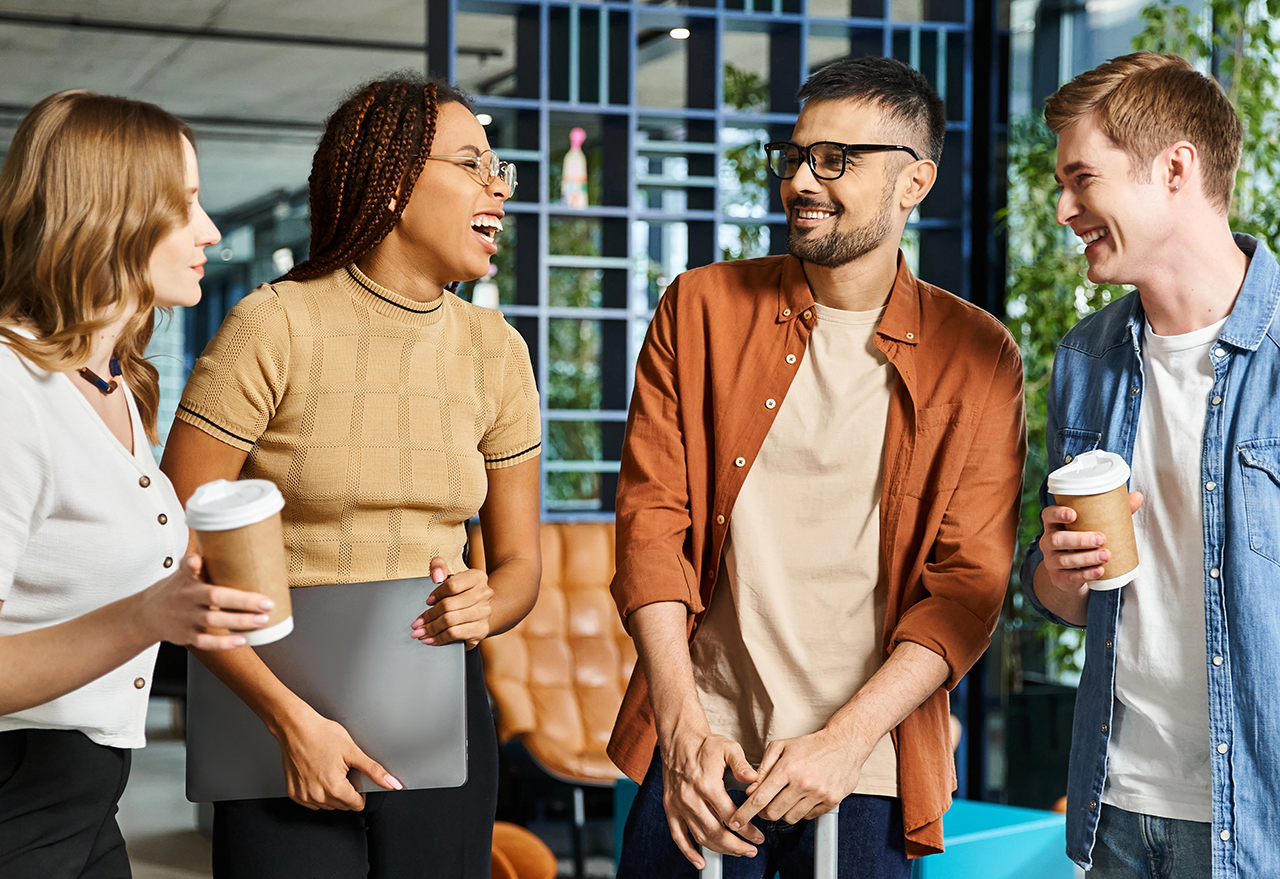 Group of young professionals laughing together in a business lobby