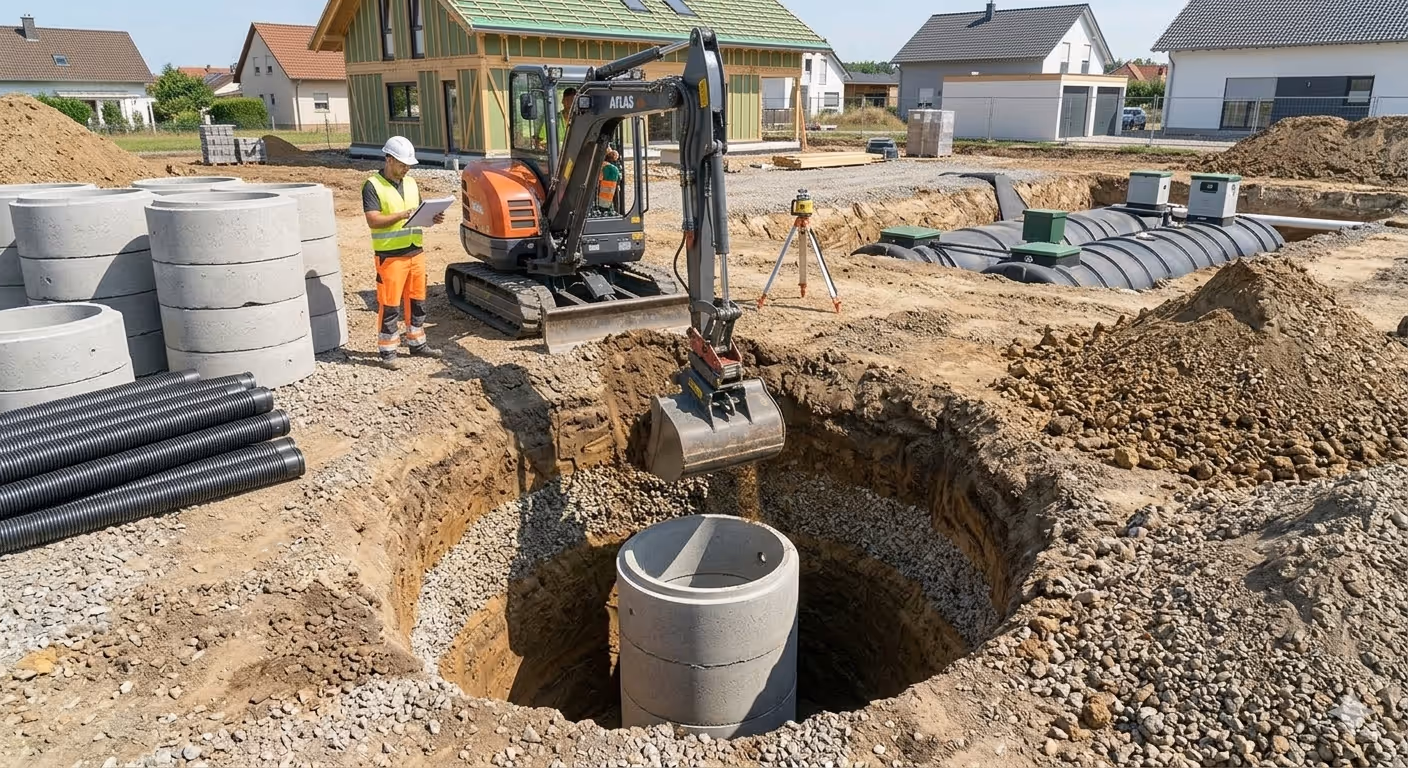 Bagger mit Arbeiter hebt einen Sickerschacht aus